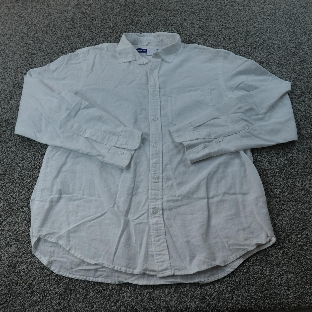 Old Navy Shirt Mens L White Linen Blend Long Sleeve Button Up Dress Beach Summer